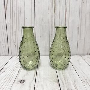 Set 2 Green Hobnail Glass Bud Cottage Vases 6” Textured Bottle Farmhouse Decor